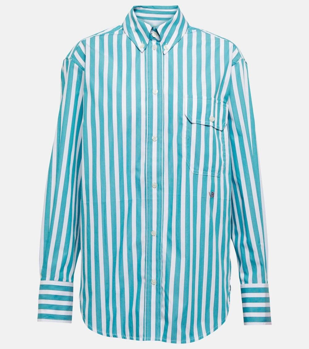 Victoria Beckham Oversized Logo Button-Up Shirt - Teal White - Size 8